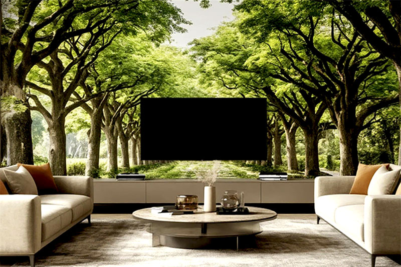 Модные обои для гостиной в 2026 году – деревья с ветвями от пола до потолка