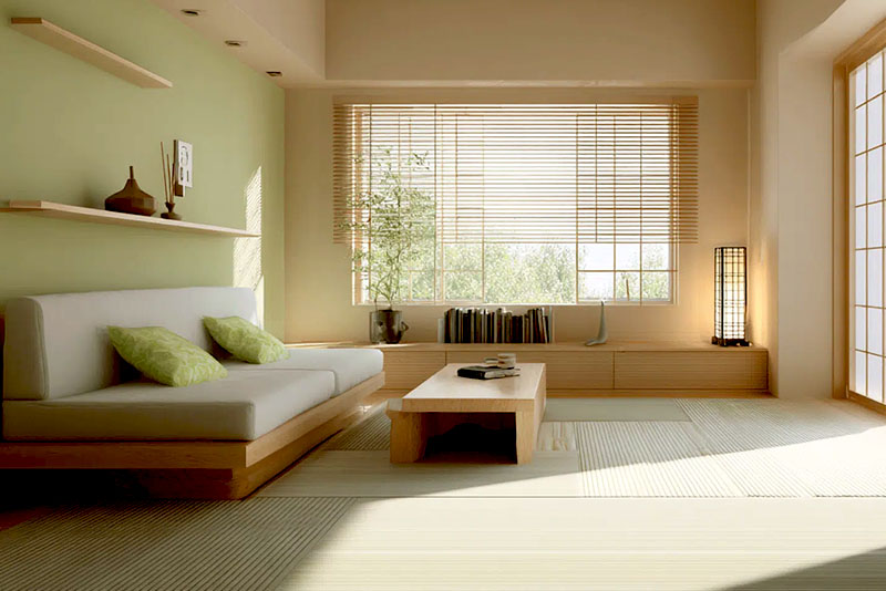 Гостиная в японском стиле – низкие и широкие диваны, кресла, столики