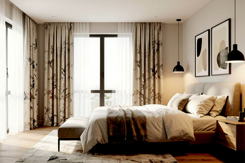 Шторы в спальне в современном стиле 2026 год – с принтом