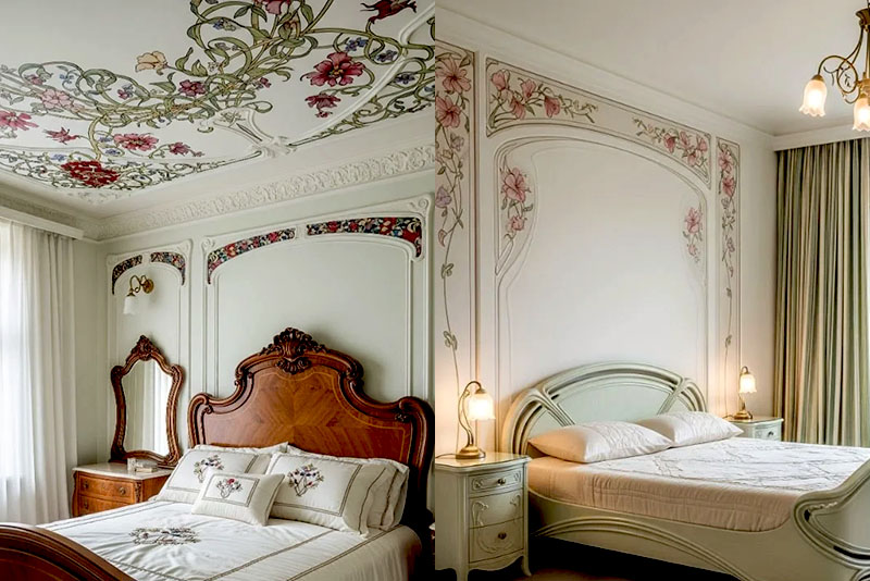 Спальня в стиле модерн – потолок обычно светлый и спокойный