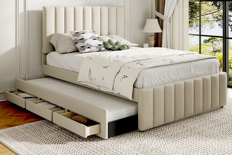 Модные кровати в 2026 году – с выдвижными системами хранения