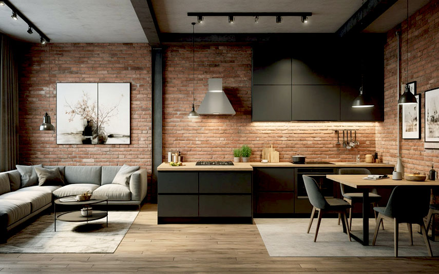 Кухня-гостиная в стиле лофт – трековые светильники