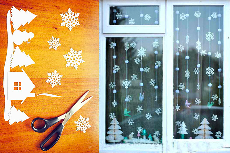 Нарисуйте и вырежьте снежинки из бумаги, картона или фольги – их можно наклеить на окна