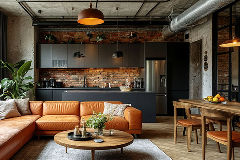 Кухня-гостиная в стиле лофт – терракотовые оттенки кирпича