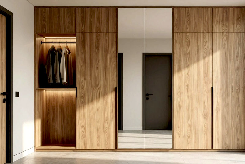 Модные шкафы в прихожу или коридор 2026 года – текстурированный шпон и зеркальные вставки