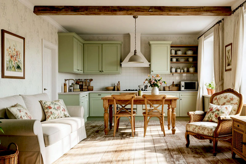 Интерьер кухни-гостиной в стиле прованс – отделка пола природными, грубоватыми материалами