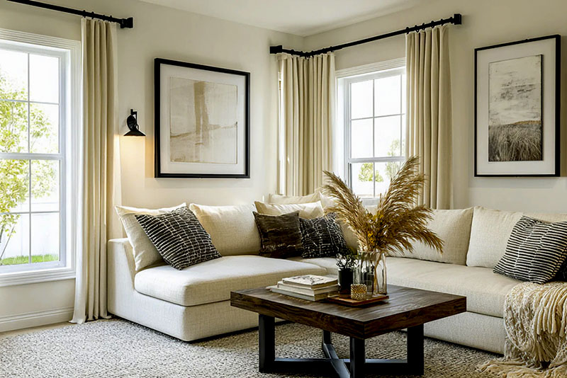 Модные карнизы для штор 2026 – черные или тёмно-графитовые карнизы на светлых стенах