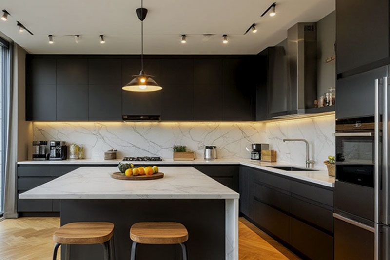 Кухня в современном стиле 2026 года – локальный светильник над обеденной зоной