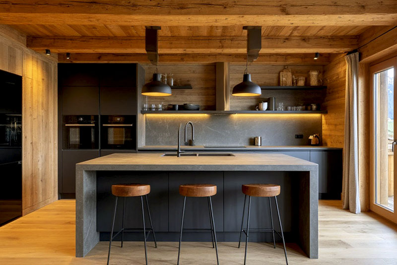 Стиль шале в интерьере кухни – над обеденным столом хорошо смотрятся подвесы с массивными абажурами