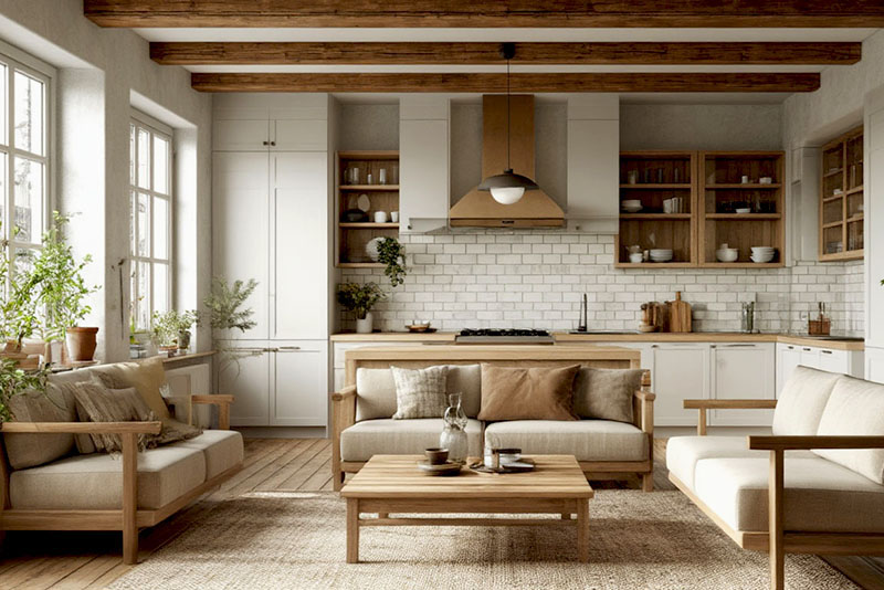 Кухня-гостиная в скандинавском стиле – потолок с фальш-балками