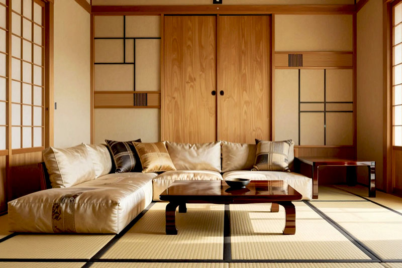 Гостиная в японском стиле – шкафы-купе или полки, спрятанные за фасадами