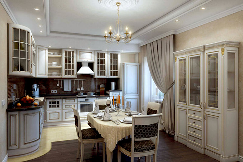 Кухня в стиле неоклассика – потолок, как часть архитектуры, а не прием ради эффекта