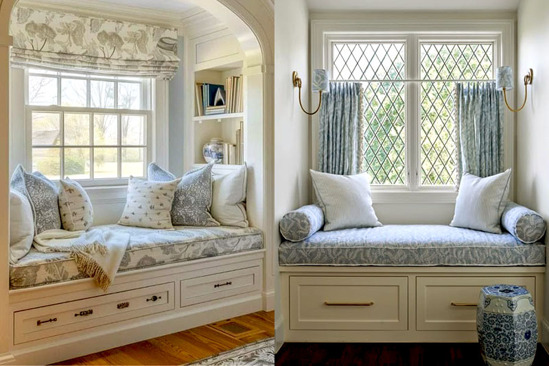 Для малогабаритной гостиной практичен прием «двойной функции» – лавка под окном хранит постельное белье