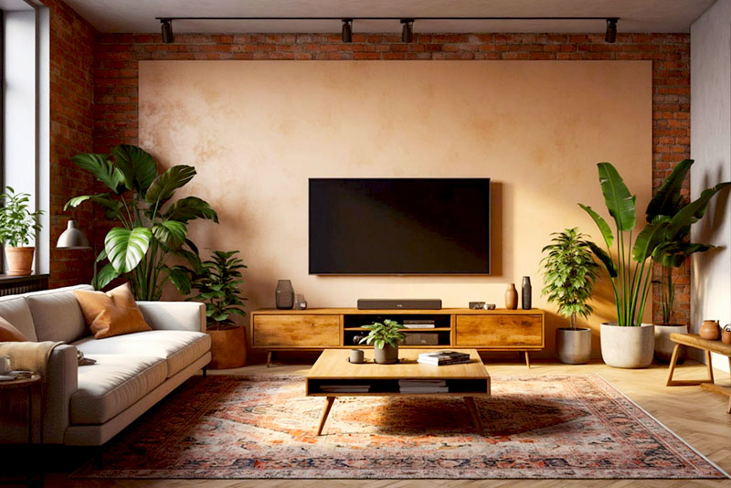 Гостиная в стиле бохо – ограничений в выбор отделочных материалов для стен нет