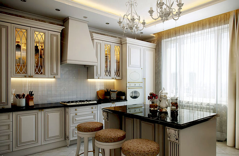 Кухня в неоклассическом стиле – подсветка под навесными шкафами в зоне готовки