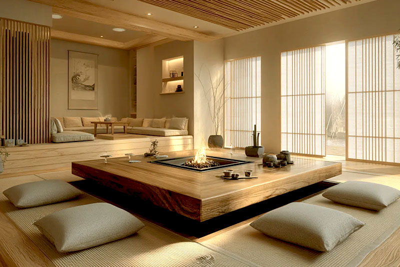 Гостиная в японском стиле – около 70% отводится нейтральным, светлым оттенкам