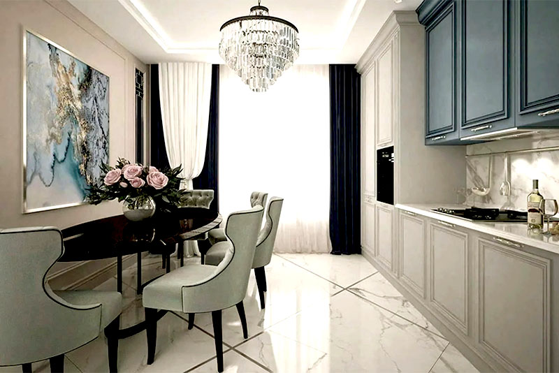 Кухня в стиле неоклассика – для пола подходят покрытия, которые поддерживают архитектурную строгость