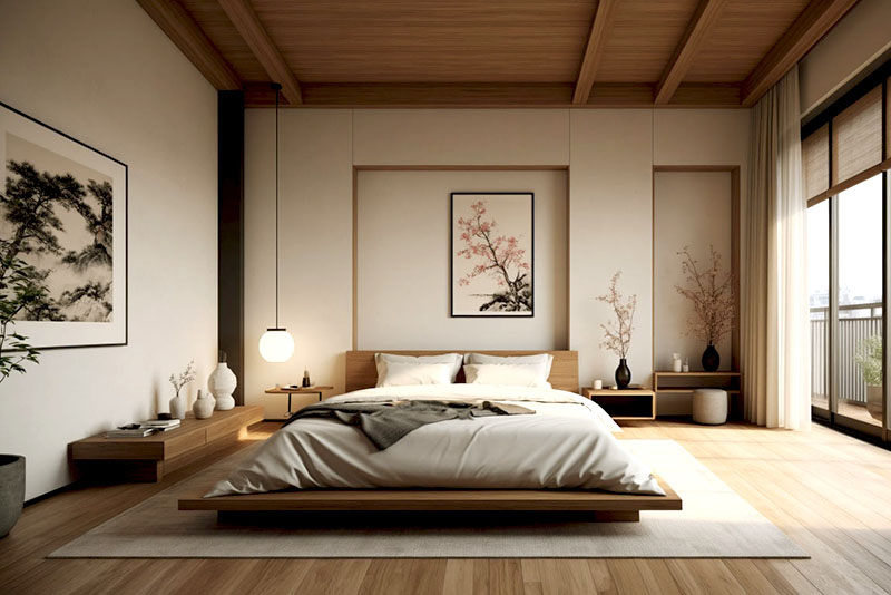 Спальня в японском стиле – кровать на низком основании, без изножья