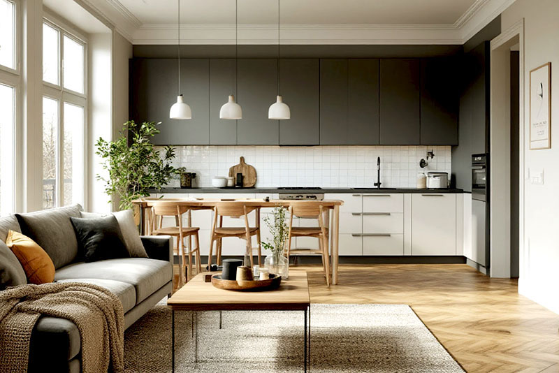 Кухня-гостиная в скандинавском стиле – уютные подушки и пледы