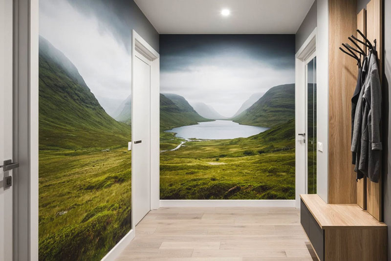 Модные обои в коридор и прихожую в 2026 году – фотообои со скандинавским пейзажем