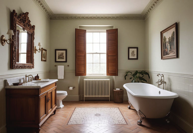 Ванная комната в английском стиле – классический белый потолок с багетами по периметру