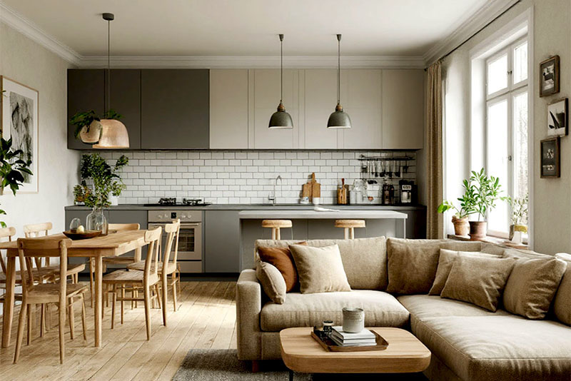 Кухня-гостиная в скандинавском стиле – светильники подбирают отдельно для каждой зоны