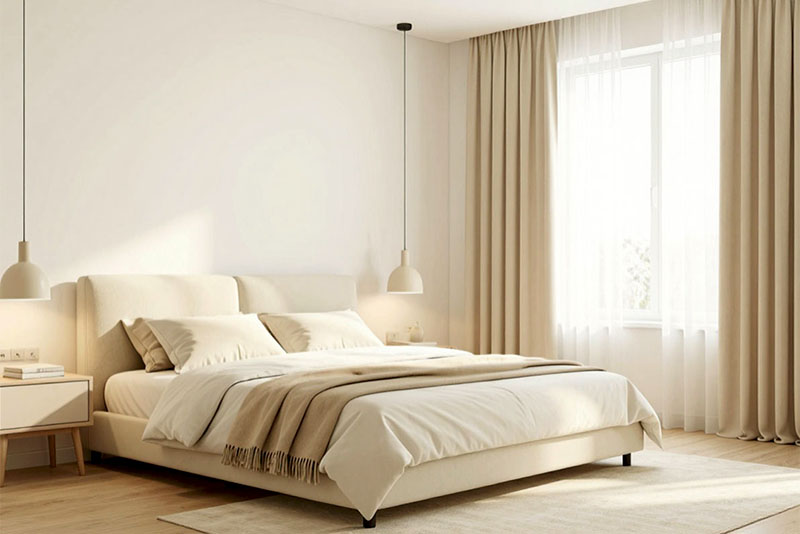 Шторы в спальне в современном стиле 2026 года – цвет не контрастирует с пространством