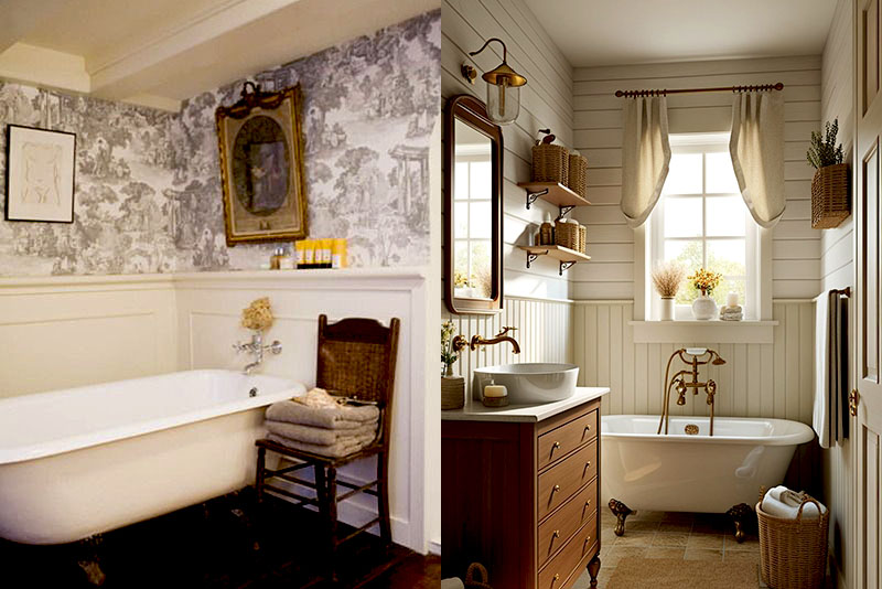 Ванная комната в английском стиле – разделение отделки стен на нижнюю и верхнюю зоны
