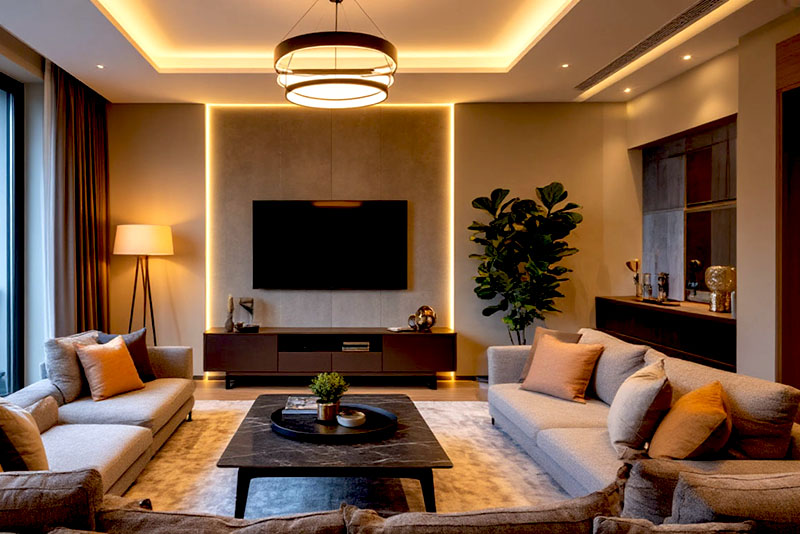 Современный интерьер гостиной 2026 – несколько источников освещения