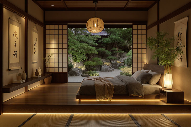 Спальня в японском стиле – главное, чтобы свет был рассеянным и комфортным