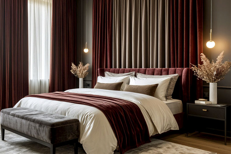 Шторы в спальне в современном стиле 2026 год – оформление стены у изголовья кровати