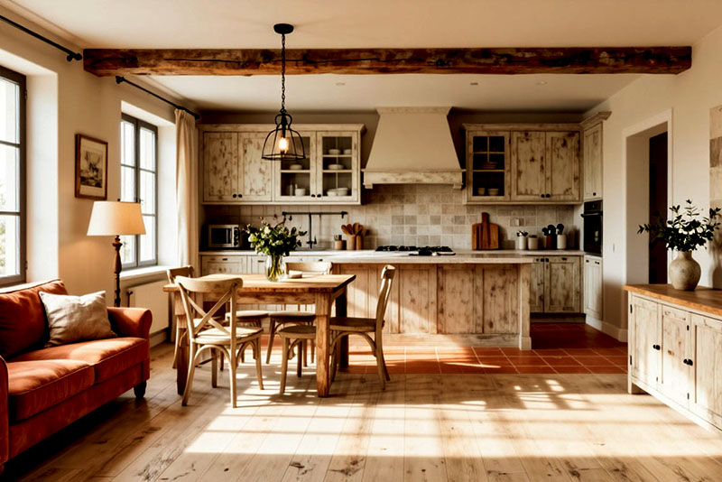 Интерьер кухни-гостиной в стиле прованс – зонирование напольными покрытиями