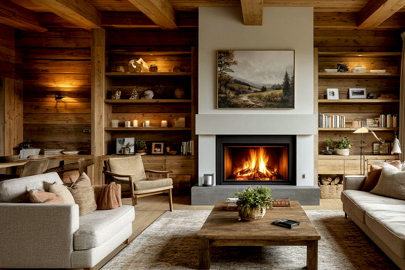 Гостиная в стиле кантри – живой огонь (настоящий камин или электрокамин с эффектом пламени)