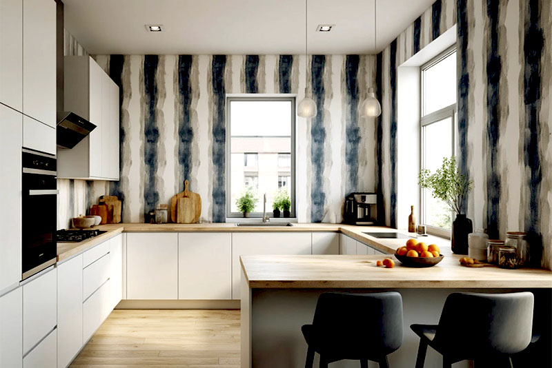 Модные обои на кухню в 2026 году – акварельные полосы