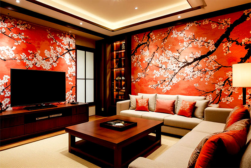 Модные обои для гостиной в 2026 году – японские мотивы