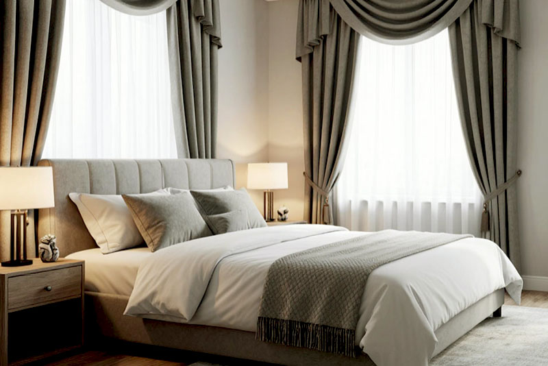 Шторы в спальне в современном стиле 2026 год – ламбрекены и подхваты