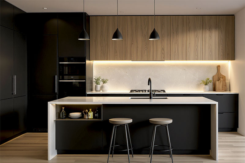 Кухня в стиле минимализм – свет подчеркивает геометрию