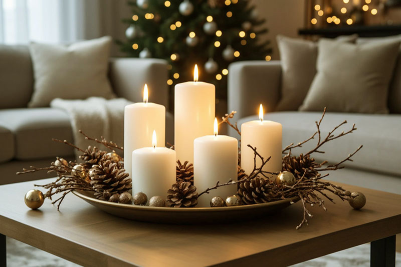 Создайте крупную композицию из белых свечей и сухих веток