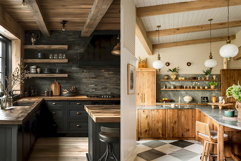 Стиль шале в интерьере кухни – потолок является одним из самых выразительных элементов