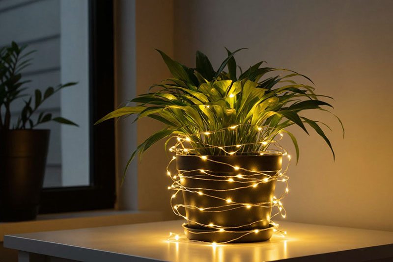 Оберните комнатное растение теплой белой гирляндой для эффекта «сияющего дерева»