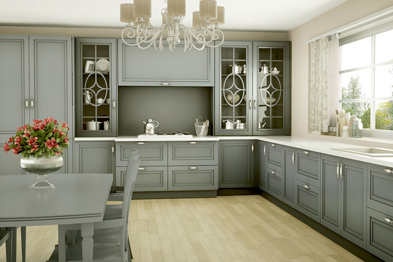 Кухня в стиле неоклассика – фасады и кухонные модули теплого светло-серого цвета
