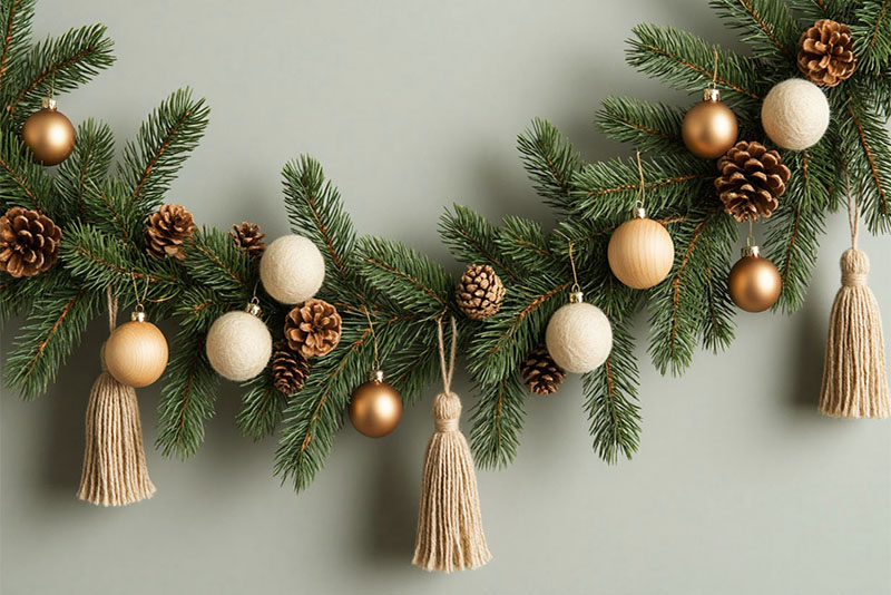 Новогодняя гирлянда из еловых веток с деревянными шарами и шерстяными помпонами
