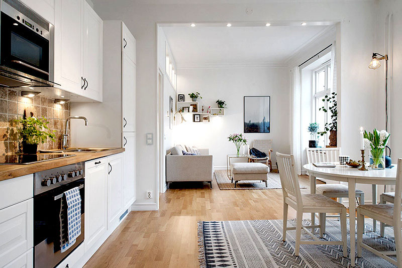 Кухня-гостиная в скандинавском стиле – глобально белое исполнение