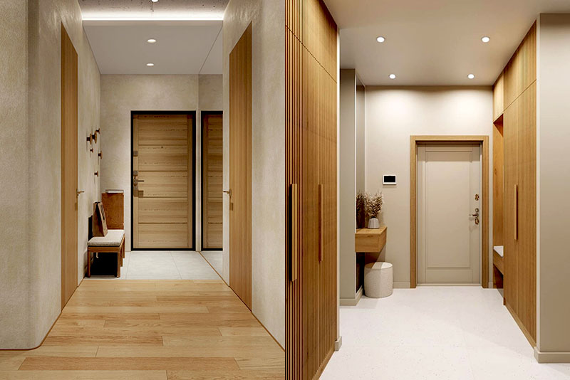 Прихожая и коридор в стиле джапанди – для пола выбирают покрытия с фактурой натуральных материалов