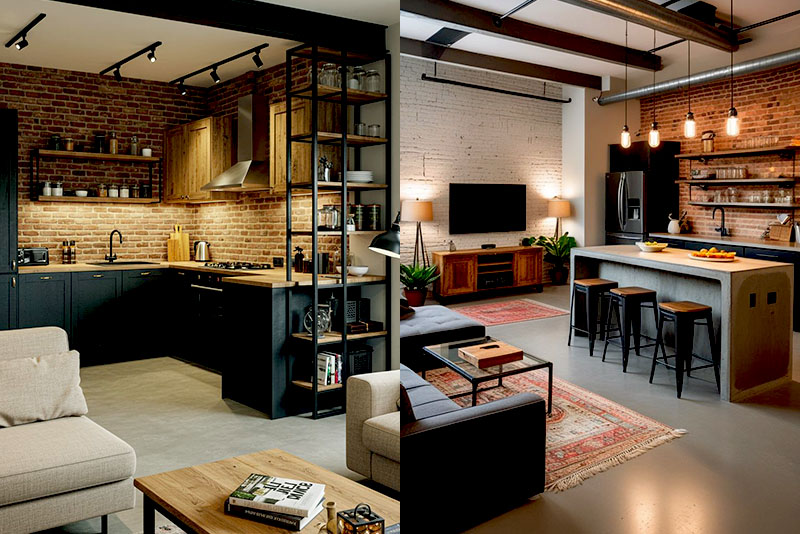 Кухня-гостиная в стиле лофт – функциональное освещение зон