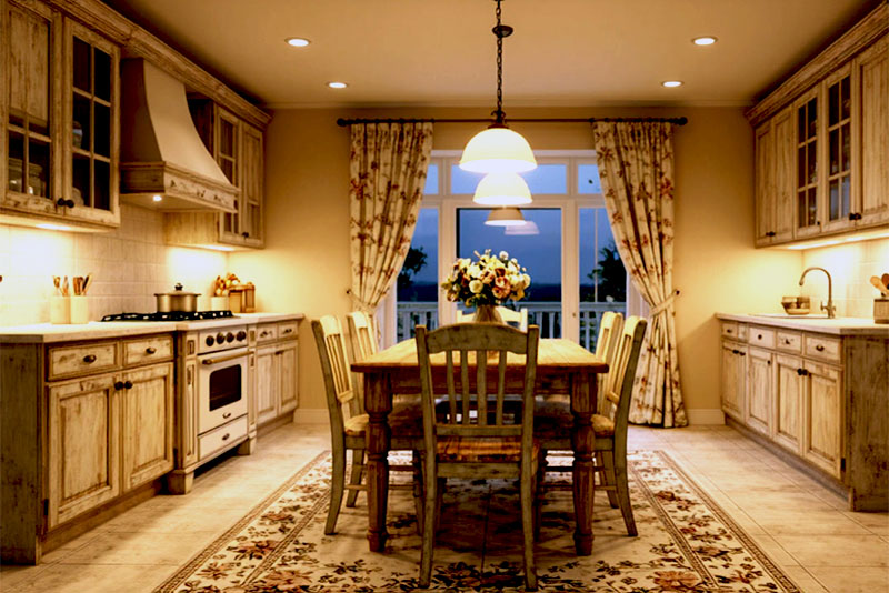 Интерьер кухни-гостиной в стиле прованс – элементы подсветки