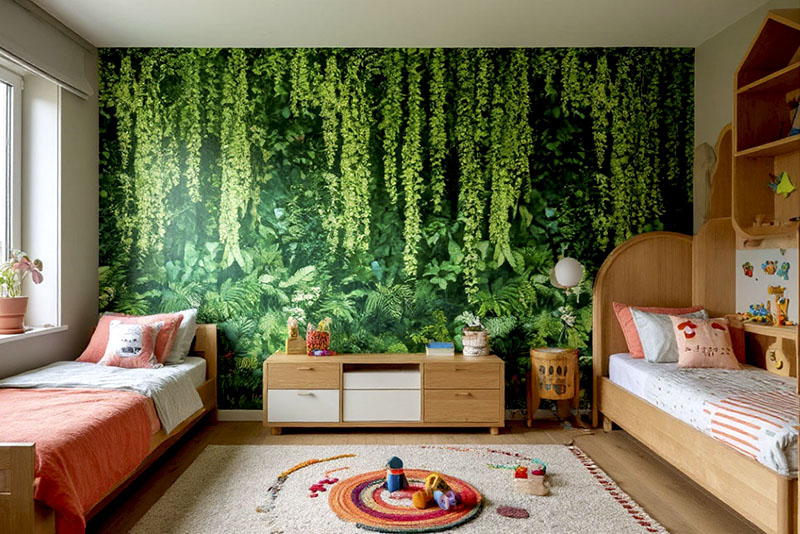 Модные обои в детскую комнату 2026 года - имитация вертикального озеленения