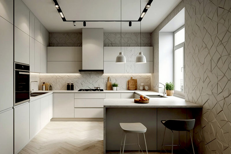 Модные обои на кухню в 2026 году – геометрия с эффектом 3D