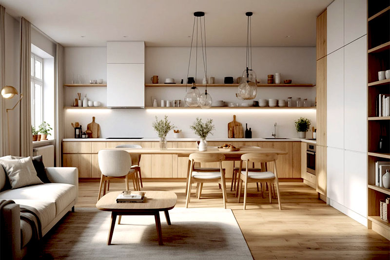 Кухня-гостиная в скандинавском стиле – светлые фактуры дерева