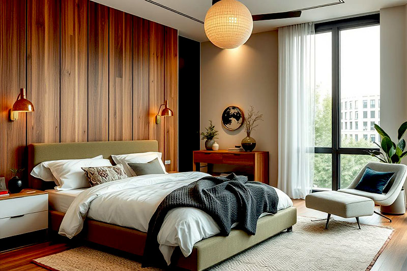 Современный интерьер спальни 2026 года – элементы с фактурой натуральной древесины